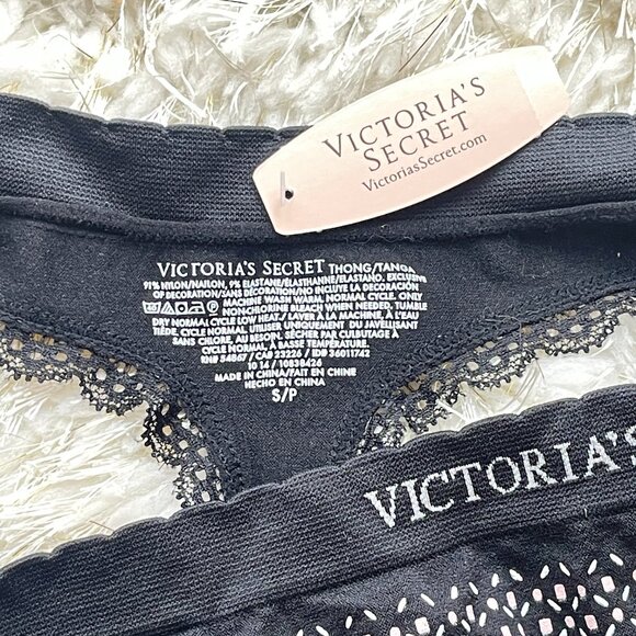New Victoria's Secret Thong Panty Small Black White Pink Lace Trim NWT - Picture 4 of 4